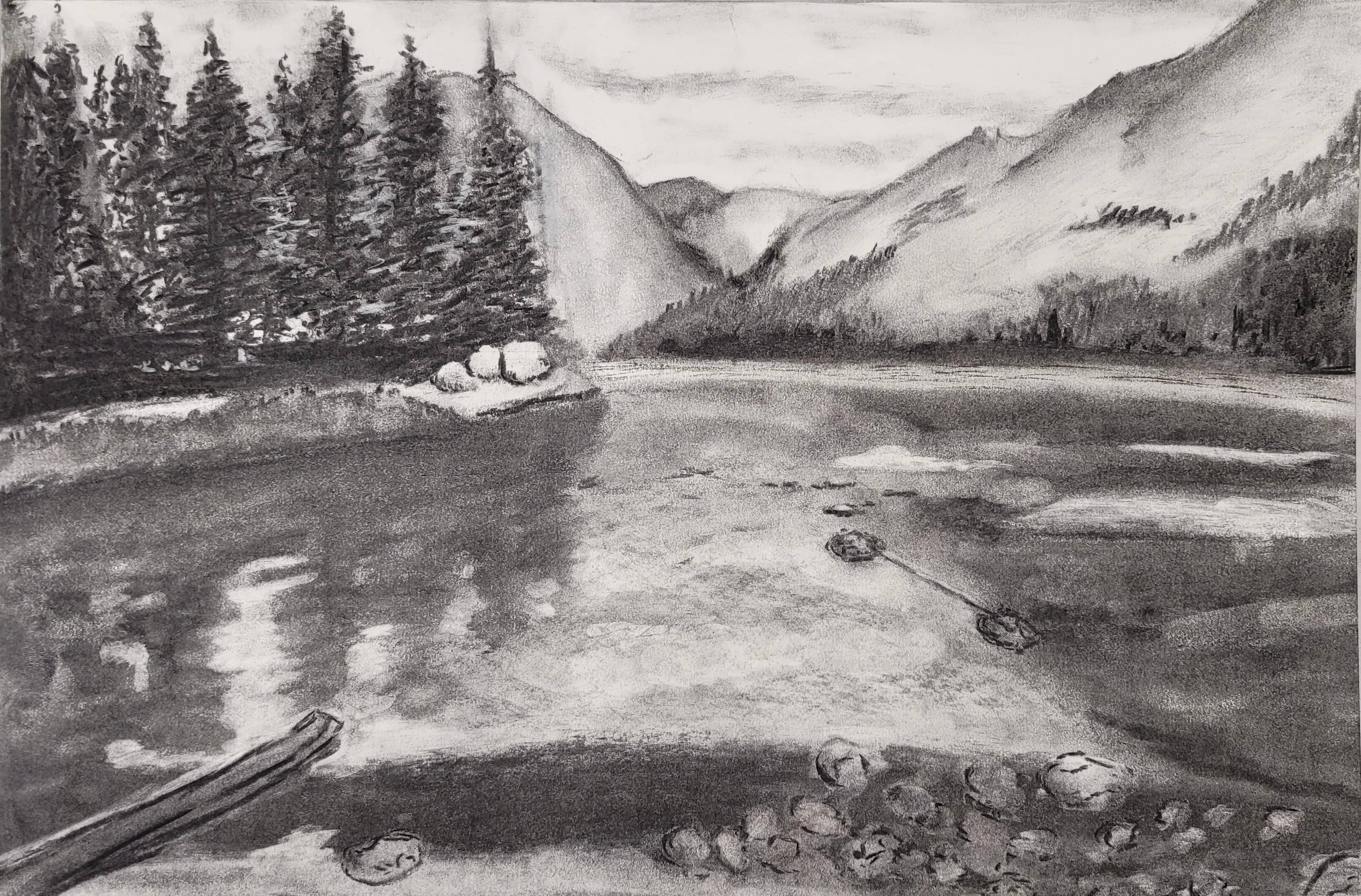 Students ages 14+ created a charcoal landscape drawing