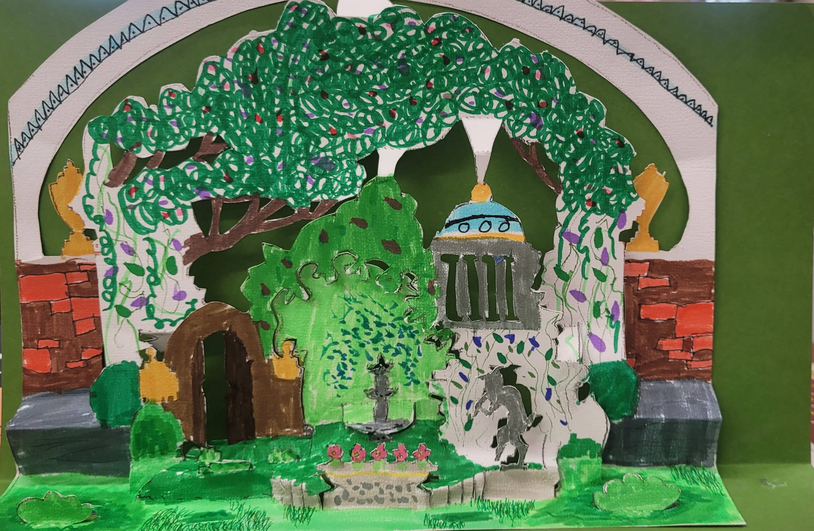 Students ages 11–13 created a 3D paper garden scene