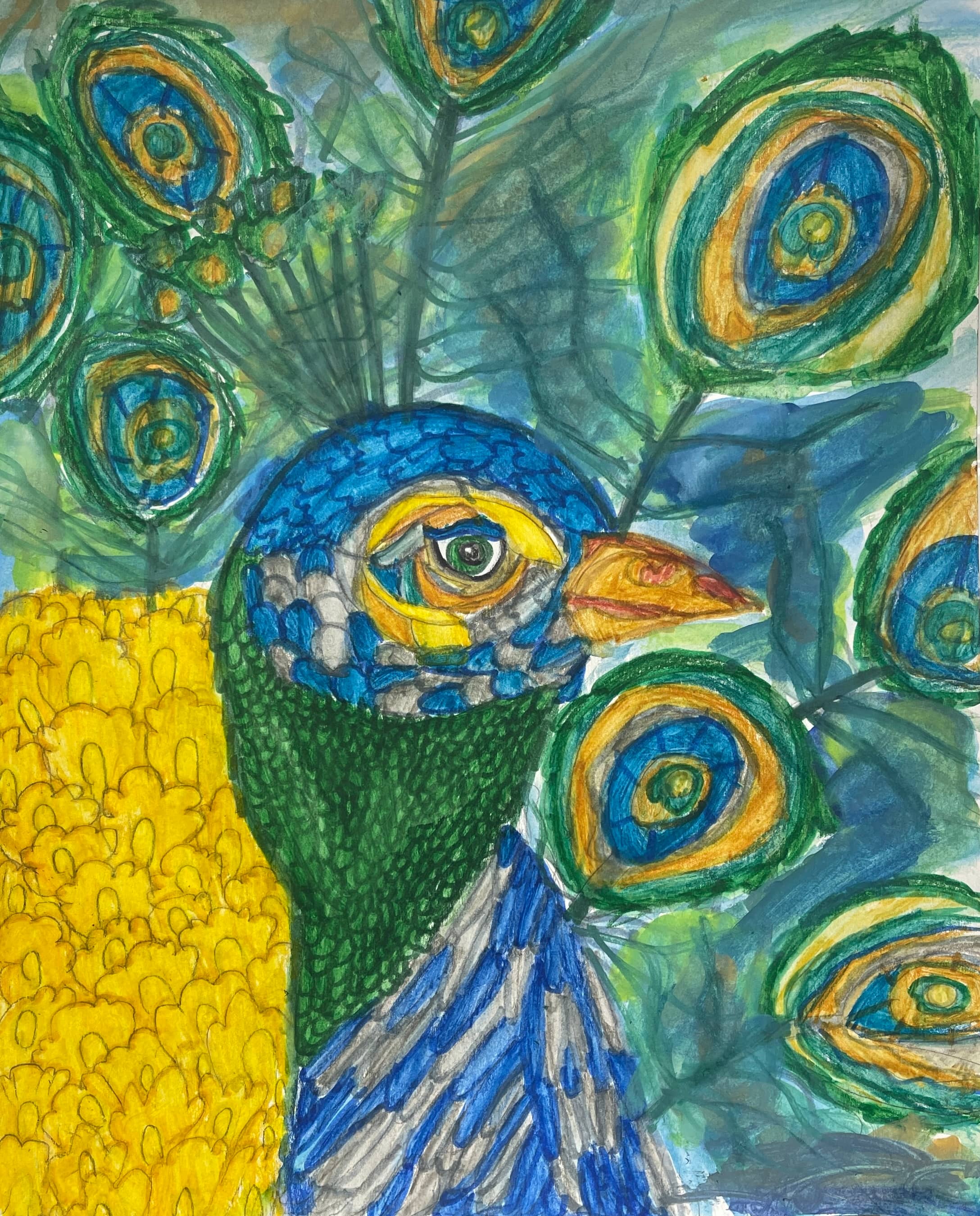 Students ages 5–7 explored peacock painting
